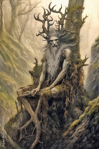 Fantasy illustration of a fairytale character, portrait of leshy in the forest. Generative AI