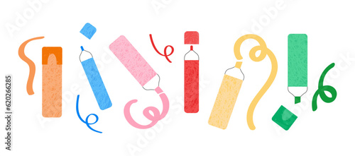 Colorful marker pens set, doodle stationery equipment, highlighter pencil collection with scribble texture. Flat modern vector illustration isolated on white background