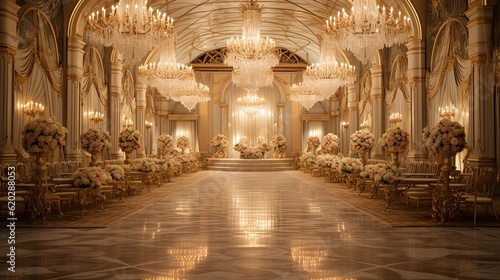 A lavish ballroom with ornate chandeliers, golden accents, and floral embellishments, creating a grand and opulent background. Glamor wedding design. Generative AI. 