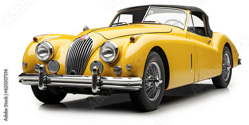 Sports vintage yellow convertible Jaguar XK140 on a White Background - AI generated 