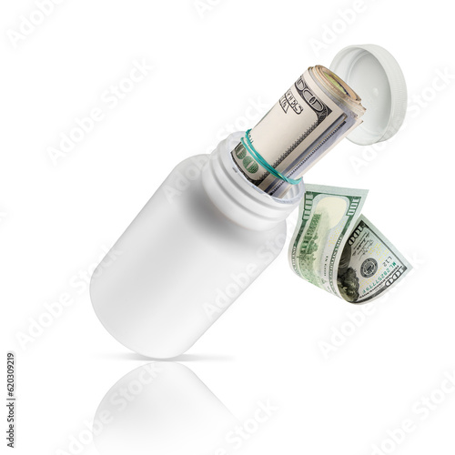 Pieniądze ukryte w białej butelce na lekarstwa. Z butelki wylatuje rulon pieniędzy. Setki , tysiące dolarów w opakowaniu medycznym. Może oznaczać łapówki lub drogie leczenie.