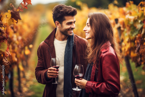Sympathisches junges Paar mit einem Glas Wein in der Hand stehen zwischen Weinstöcken. Herbstliche Stimmung.