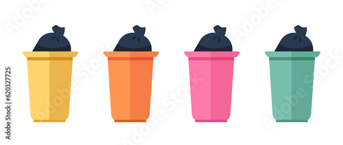 Set of trash cans in flat cartoon vector illustration isolated on white background. Four trash cans garbage bins recycle