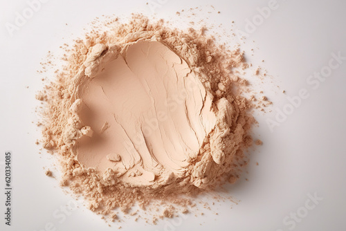 Beige face powder swatch, close-up.