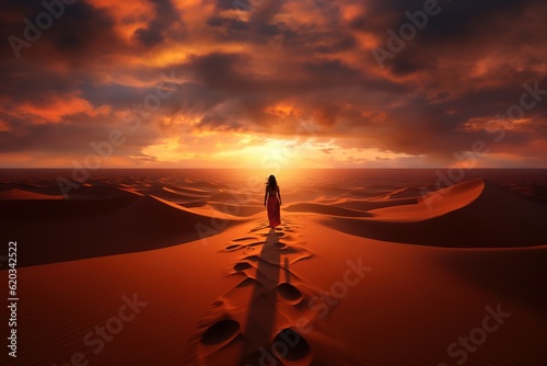 Woman in dress walking alone in the dessert under stunning sunset view