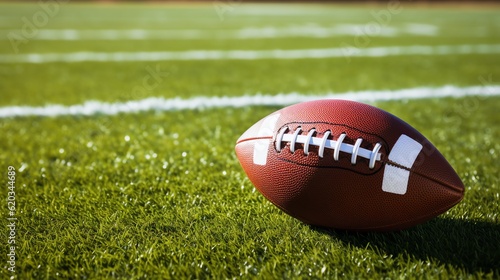 Closeup of an American football on a field, space for text