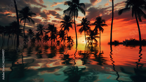 palm trees reflect the reflection of the setting sun in clouds. Generative Ai
