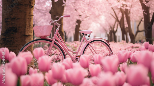 a pink bicycle is the center of a field of pink tulips. Generative Ai