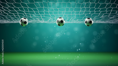 Soccerball e um gol de futebol, futebol ou bolas de futebol em um fundo de cor verde, bolas de futebol voando