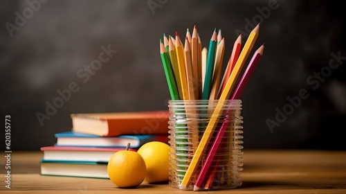 Colored pencils and books on chalkboard background. Back to school banner. Space for text.