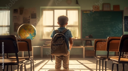 Young boy in a classroom on his first day of school