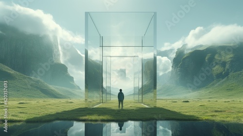 a abstract beautiful landscape panorama of the scenic view with nordic mountains river and green grass land. A silhouette of a guy on a path walking. huge mirror glass cube matrix shape. Generative AI