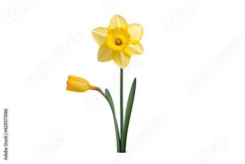 A daffodil, a type of flower, is seen on a transparent background without any other objects surrounding it. The daffodil stands alone, separated from its surroundings.