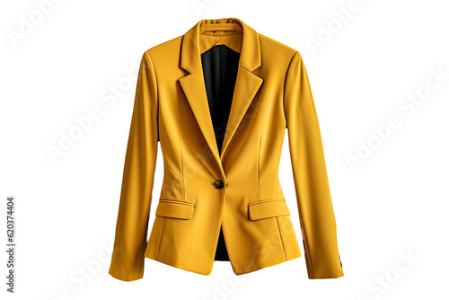 A yellow blazer for women, placed on a hanger and isolated against a transparent background.