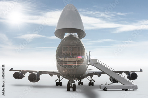 Front view of the white wide body cargo aircraft with an open nose hatch isolated on bright background with sky