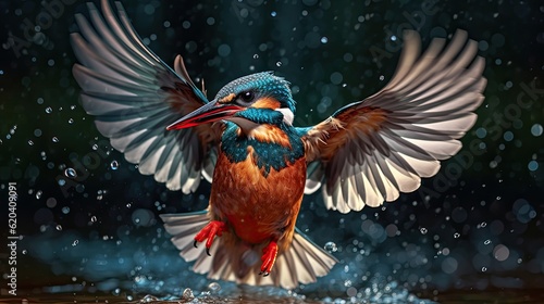 Magnificent kingfisher halcyon bird with wings spread taking flight bathing in the rain photo illustration, wildlife, animal, ai