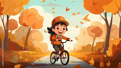 Cycling in autumn scene Free Vector. Children ride with cycles. Hello Autumn Vector illustration with beautiful nature background.