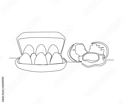 Continuous one line drawing of Chicken Egg on The Box. Eggs outline art drawing vector illustration.
