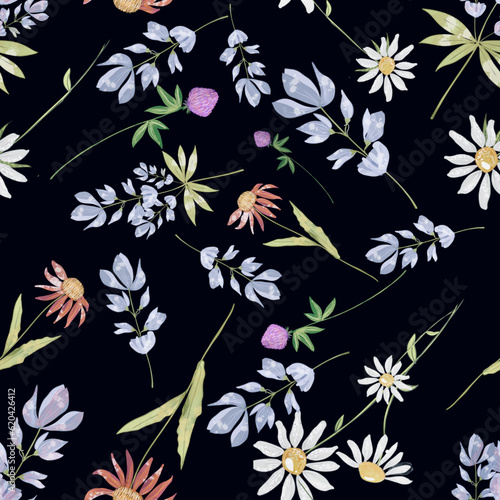 Trendy seamless floral textile print midnight flowers. Plants drawn against a dark background, intertwined with each other. Autumn winter floral fabric background, vector, hand drawn