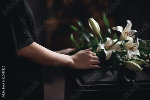 Woman with lily flowers and coffin at funeral