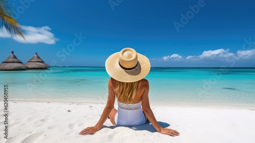 Rear view of a beautiful woman with hat sitting on the sea beach.