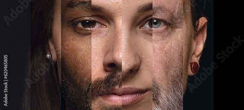 Human face made from portrait of different people of diverse age, gender and race over black background. Concept of social equality, human rights, freedom, diversity, acceptance