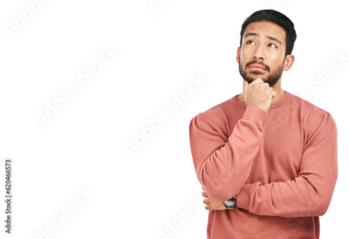 Thinking, face and asian man with decision on isolated, transparent and png background. Why, questions and male person with doubt emoji for choice, consider or confused by solution or problem solving