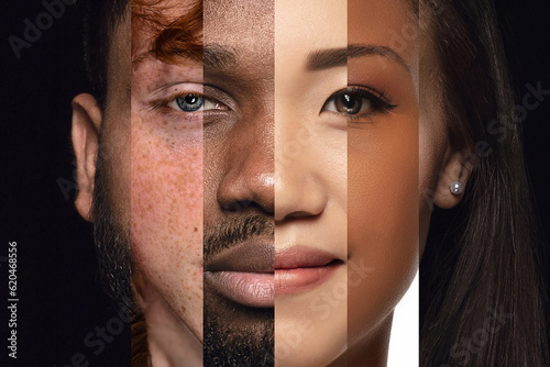 Human face made from different portrait of men and women of diverse age and race. Combination of faces. Humanity. Concept of social equality, human rights, freedom, diversity, acceptance