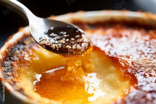 Crème Brûlée with a cracked sugar top and a scoop taken out revealing the creamy custard inside