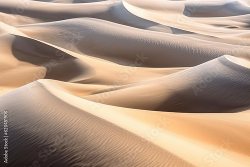 Textured sand dunes in a desert, captured from an aerial or close-up perspective, showcasing the magnificent natural formations and patterns of the sandy landscape. Generative AI.