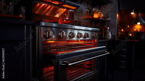 Gas stove, a professional one made of steel aluminium, on display, brand new, with unused burners. These kind of gas cookers are used in professional environments like restaurants.