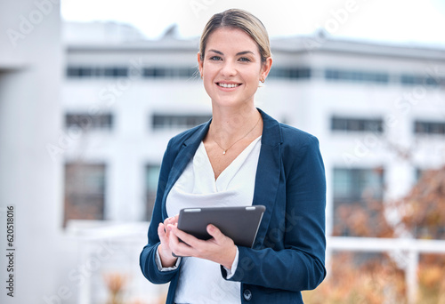Business, outdoor and woman with a tablet, portrait and inspector with online checklist, website information and smile. Face, female person or employee with technology, outside or internet connection