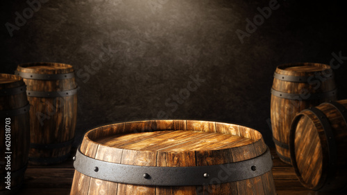 Close view of the surface of an old wooden barrel in a cellar or dark environment with soft warm light and with more barrels in the background. 3D Rendering