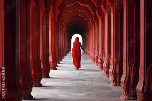 A woman in a red sari in an ancient Indian temple. Generative AI.