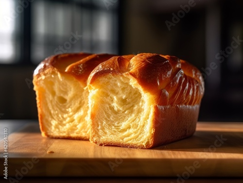 brioche with a golden crust and soft, fluffy interior on a wooden table