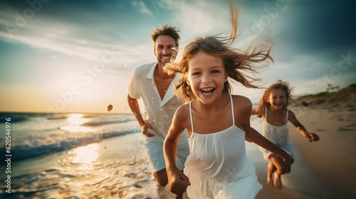 Happy father with kids running in a beach