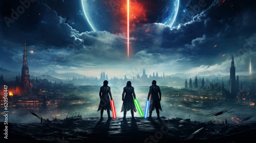 Unidentified warriors with the multi-colored light sabers