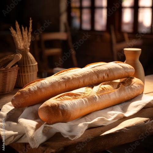 Bakery food photography background, square - French baguette with crispy crust on wooden dark table (Generative Ai)