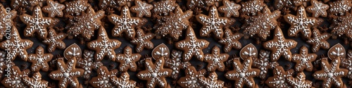 Christmas food bakery bake baking photography background texture - Closeup of many star gingerbread cookies, with white icing decoration, top view, seamless pattern (Generative Ai)