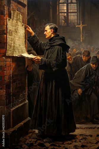 Martin Luther pointing to the 95 theses against the contemporary practice of the Catholic Church Generative AI Illustration