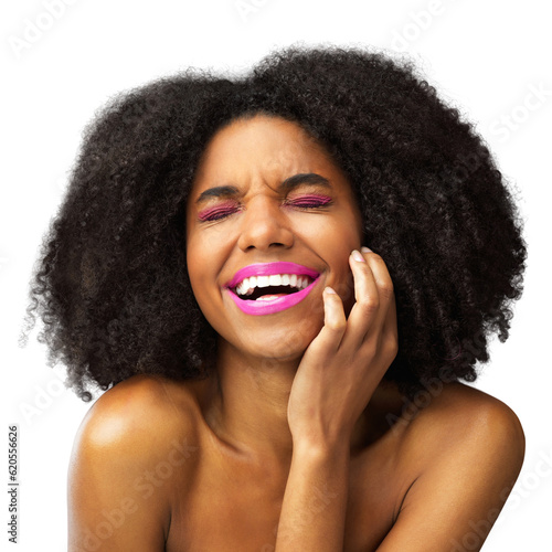 Beauty, smile and funny with face of black woman on png for cosmetics, makeup and hairstyle. Natural, glow and skincare with model laughing isolated on transparent background for self care and salon