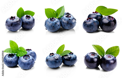 Set of blue berries with leaves isolated on transparent background (Bilberry, Blueberry, Huckleberry) 