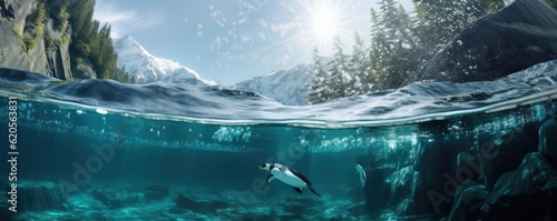 Penguin in clear frozen water under ice of glacier, under water view, panarama. Generative Ai.