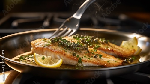 Sole Meunière being prepared in a frying pan with butter, capers, and lemon