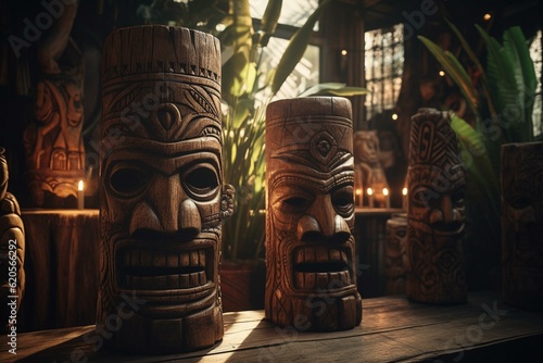 Traditional Nordic wooden totems and tiki masks. Generative AI
