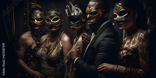 A group of people wearing masks and beads at a masquerade one generative AI