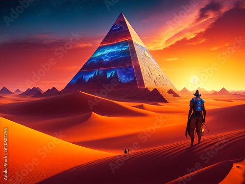 Ancient Alien Pyramids in the Desert. Forgotten Realm. An Explorer in Front of an Abandoned Desert Civilization.