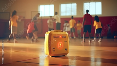 Automated external defibrillator symbol or sign on the wall in a sports gym. Basketball players was playing in blurred background. Generative AI