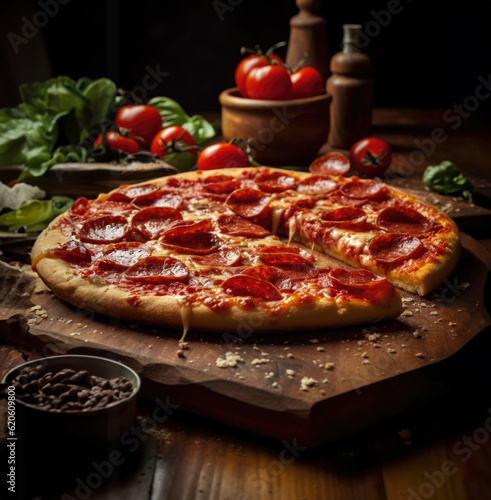 Large pepperoni pizza on wooden board.