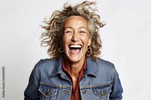 portrait of a happy middle aged woman laughing with her hair blowing in the wind
